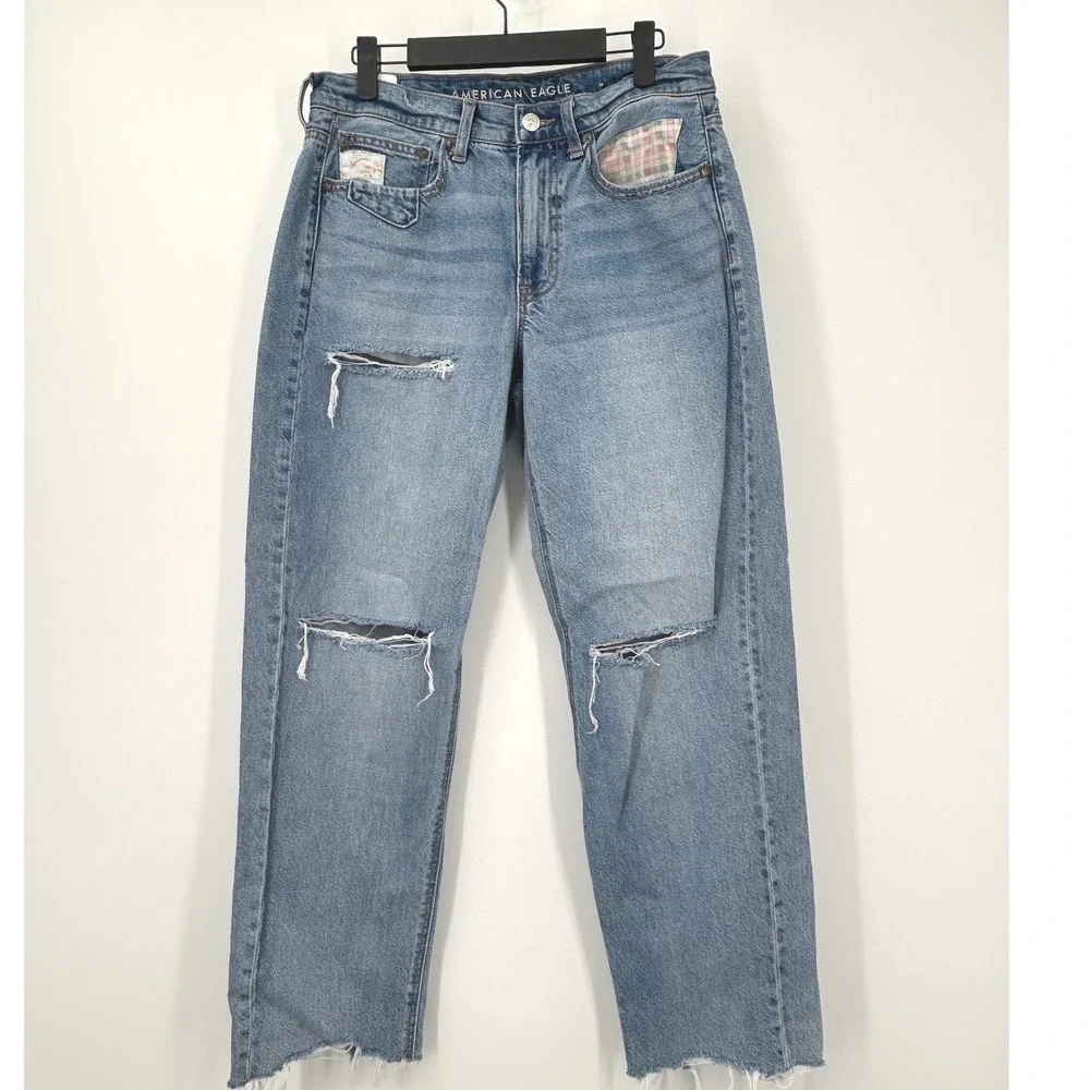 American Eagle Womens Jeans 6 Short Distressed Ripped Raw Hem Straight Leg Blue